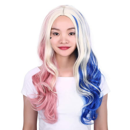 Blonde Wig with Blue and Pink Colored Highlights and Streaks Curly Cosplay Halloween Adult Sized Party Harley Wig