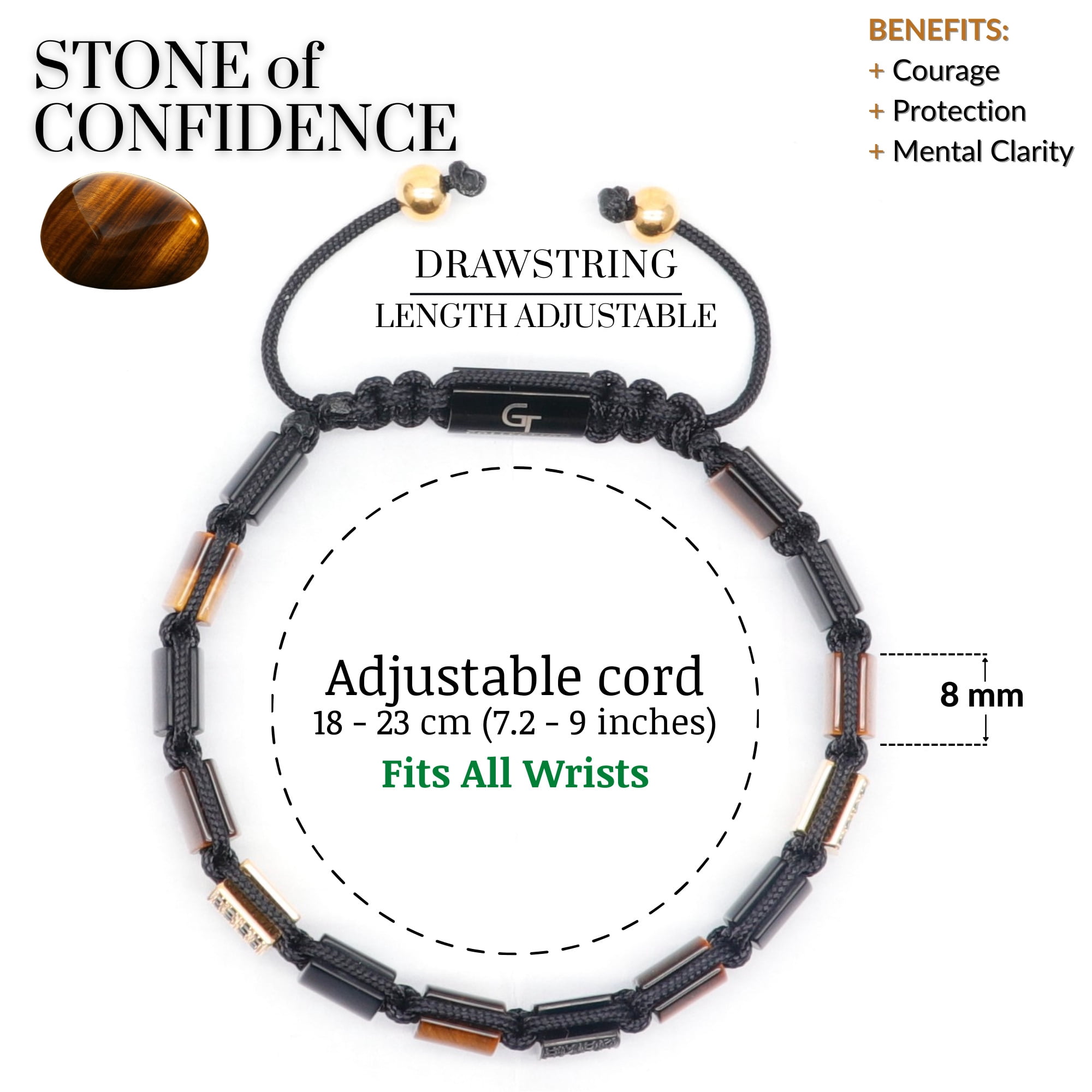 Men's Tiger Eye, Black Onyx Flat Bead Bracelet | Gift for Men | One Size Fits All | 100% Natural | Gemstone Adjustable Bracelet