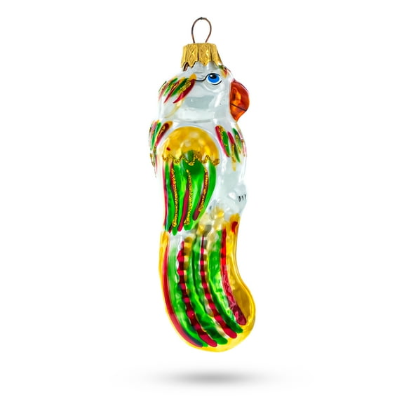 Rainbow-Tailed Parrot Glass Christmas Ornament
