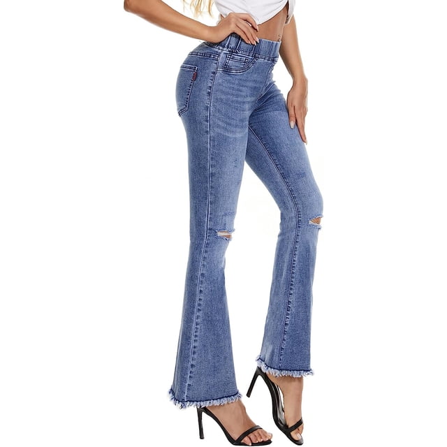 Pantalones vaqueros con parte inferior de campana para mujer, vaqueros acampanados de cintura alta rasgados con cintura elástica, pantalones vaqueros ajustados elásticos con dobladillo crudo 251-blue2