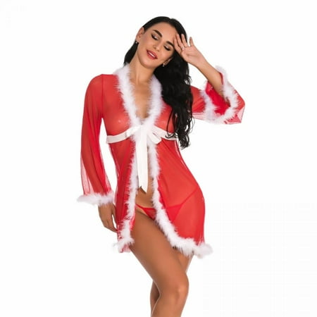 

Christmas Bodysuit Set for Women Bandage V-collar Net Lingerie Robe Sleepwear Thong Lingerie Underwear