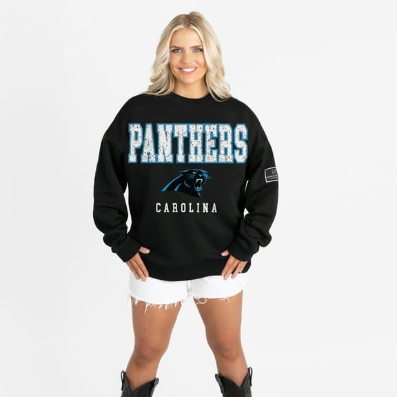 Women's Gameday Couture Black Carolina Panthers Oversized Level Up Black Label Premium Fleece Sweatshirt