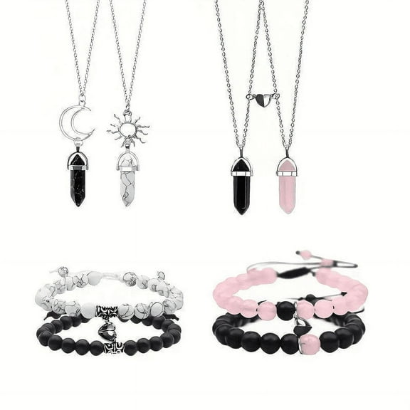 8Pcs Heart-Shaped magnetic charm bracelet hexagonal column necklace with sun and moon pendant lover,adult youth style, suitable for both men and women.