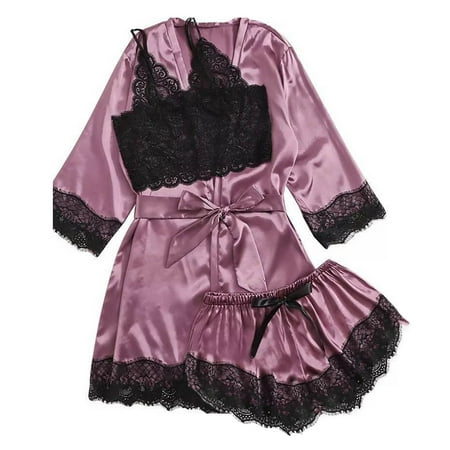 YOTMKGDO Valentines Day Lingerie  Satin Silk Pajamas Ladies Nightdress Lingerie Robe Lingerie Pajamas (Purple  XL)
