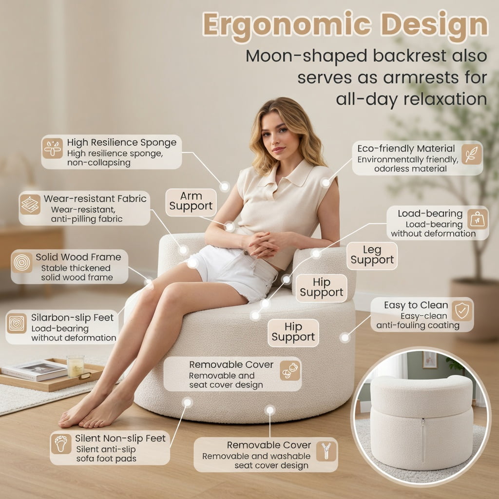 Hommoo Moon-Shaped Teddy Fleece Floor Sofa Chair, Single Seater Bean Bag with Removable Washable Cover, 440 lb Capacity, Beige