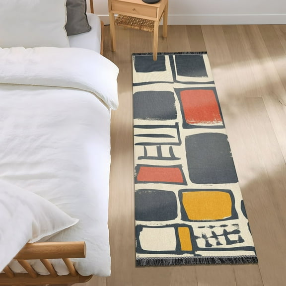 Simple Squares and Rectangles Bedroom Runner Rug 2'x 6' Non Slip Carpet Indoor Home Area Rug Living Room