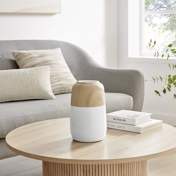 Nora Burk Contemporary Two Tone Cylindrical Tabletop Vase - White and Beech