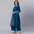 thumbnail image 4 of Janasya Indian Round Neck 3/4 Sleeve Solid Blue Cotton Kurta With Palazzo And Dupatta For Women, 4 of 9