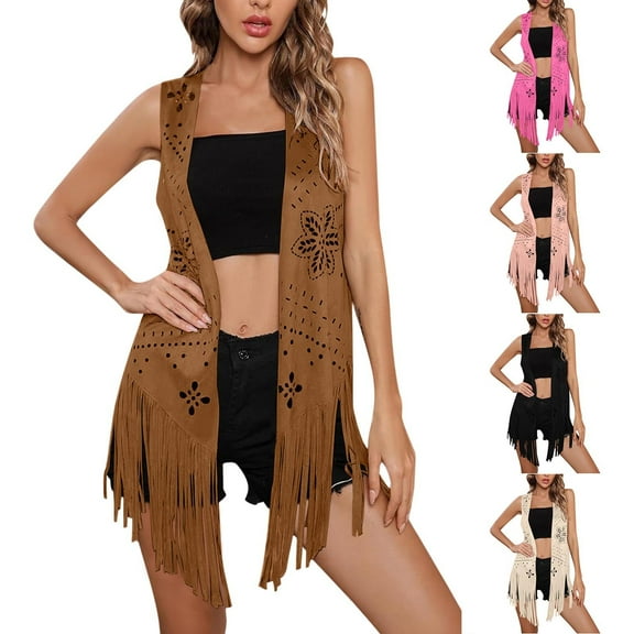 jobturf Fringe Vest Women Western 70s Hippie Tassels Faux Suede Jackets Open Front Cardigan Spring Summer Fashion Vintage Sleeveless Coats