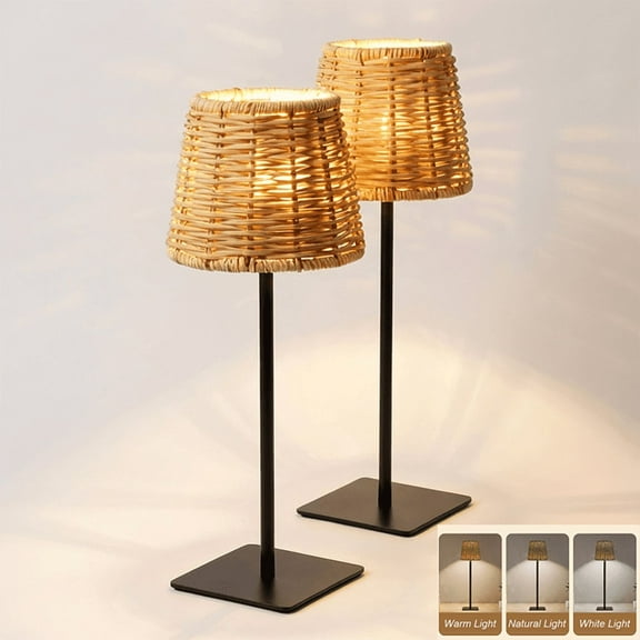 Boho Rattan Table Lamp,Wicker Night Light,LED Rechargeable Reading Lights,3 Color Touch Control Dimmable Bedside Lamps Living Room Bedroom Office Lighting Home Outdoor Decor (2, Black)
