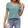 thumbnail image 3 of QAFOPEH Women Square Neck Puff Short Sleeve Smocked Cuffs Tunic Solid Color Top, 3 of 7