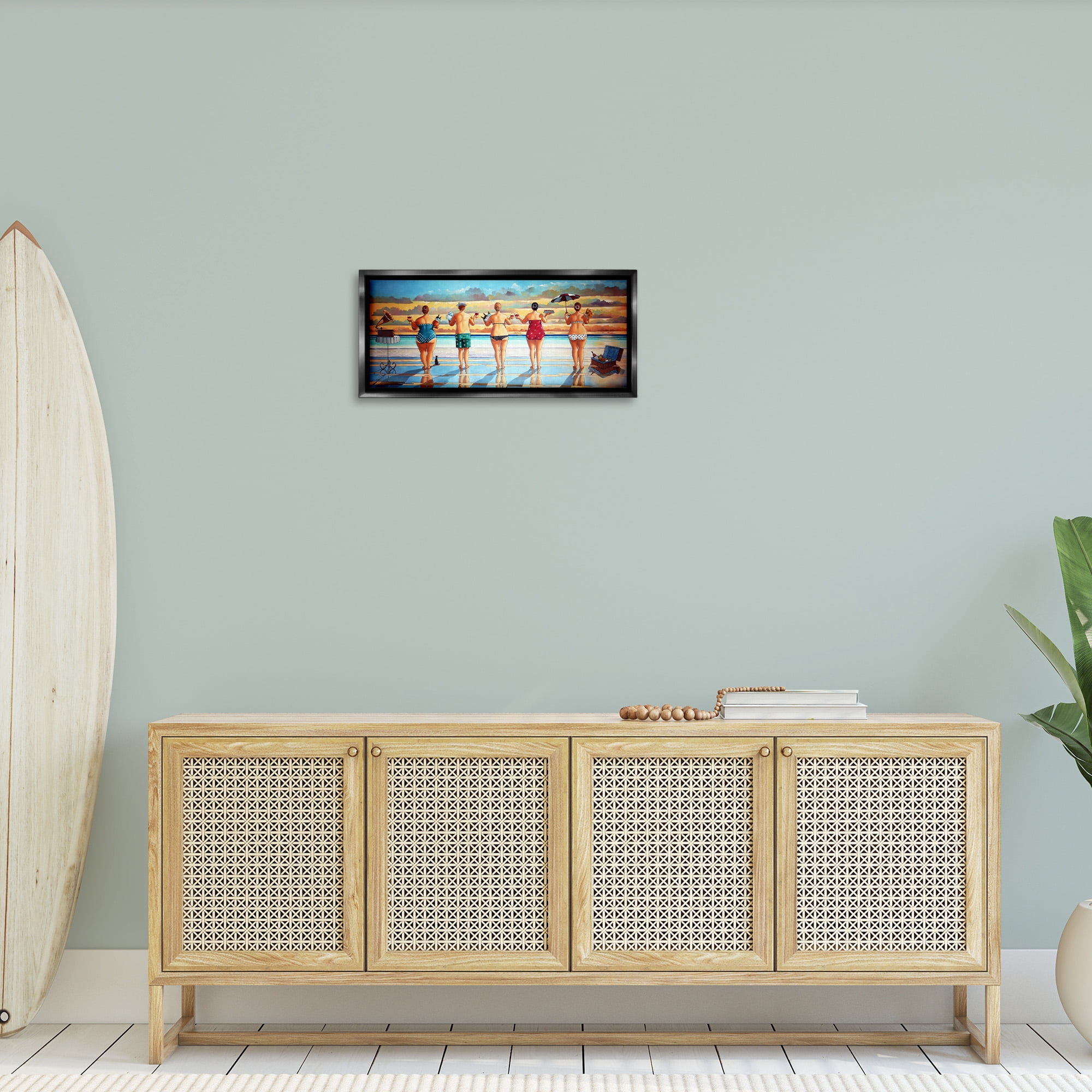 Stupell Industries Beach Friends Coastal Summer Fun Nature Painting Black Floater Framed Canvas Art Print Wall Art, 25 x 11