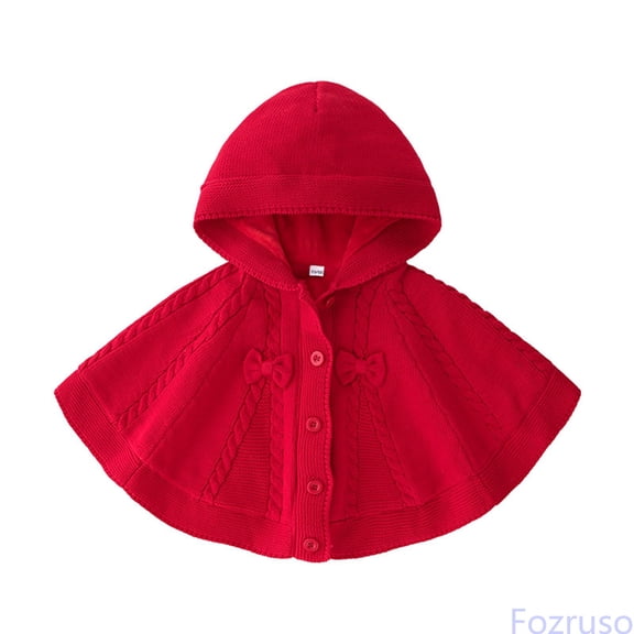 Fozruso Cape For Girls Hooded Knit Poncho Sweaters Kids Shawl Sweater Toddler Button-up Cardigan,Red
