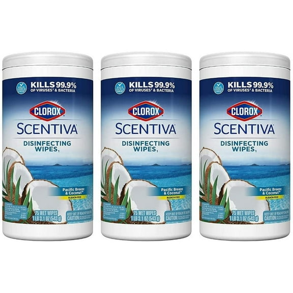 Clorox Scentiva Wipes, Bleach Free Cleaning Wipes - Pacific Breeze & Coconut, 75 Count 3 Pack