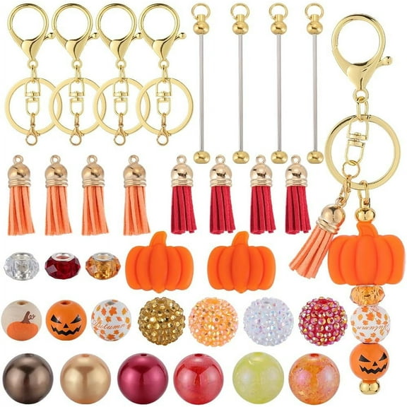 DIY 10 Sets Beadable Bar Keychain Kit Thanksgiving Day Beaded Keychain Bars Wooden Pumpkin Bead Autumn Fall Rhinestone Beads for Keychains Crafts Women Adults Gift Party Favor Supplies Colorful