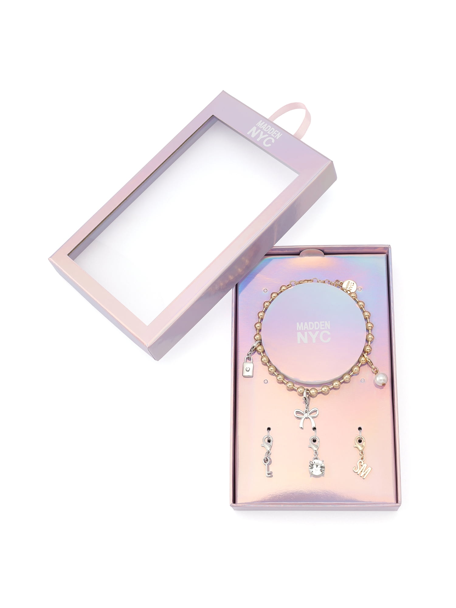 Madden NYC Women's Fashion Gold-Tone Bow Bracelet & 3-Piece Charm Giftable Boxed Jewelry Set