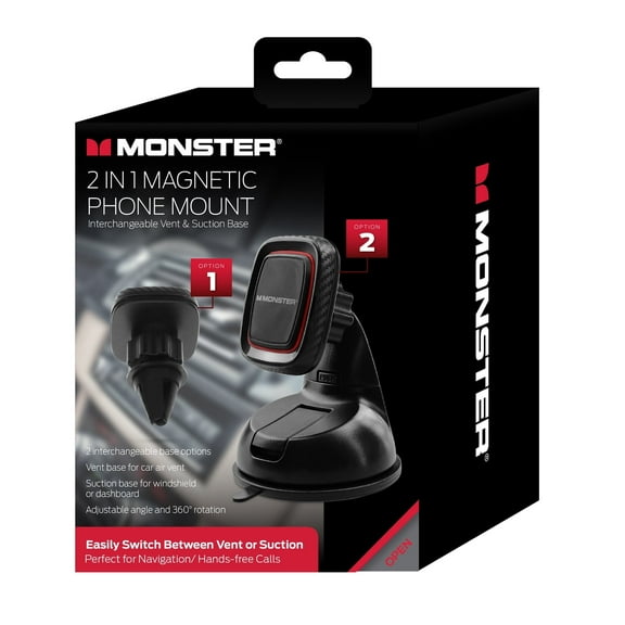 Monster 2-in-1 Magnetic Phone Holder Universal Car Phone Mount with Vent and Suction Base, Black