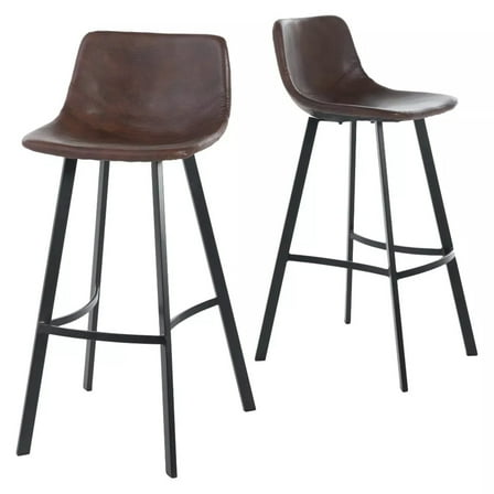 Barstool Chair Set of 2, Curved Seat, Black Steel, Brown Faux Leather