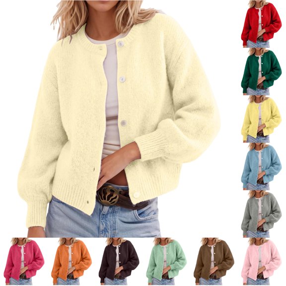 Trendfront Womens Fuzzy Knit Cardigan Crew Neck Long Sleeve Button Front Balloon Sleeve Cropped Relaxed Fit Casual Fall Winter Sweater Top