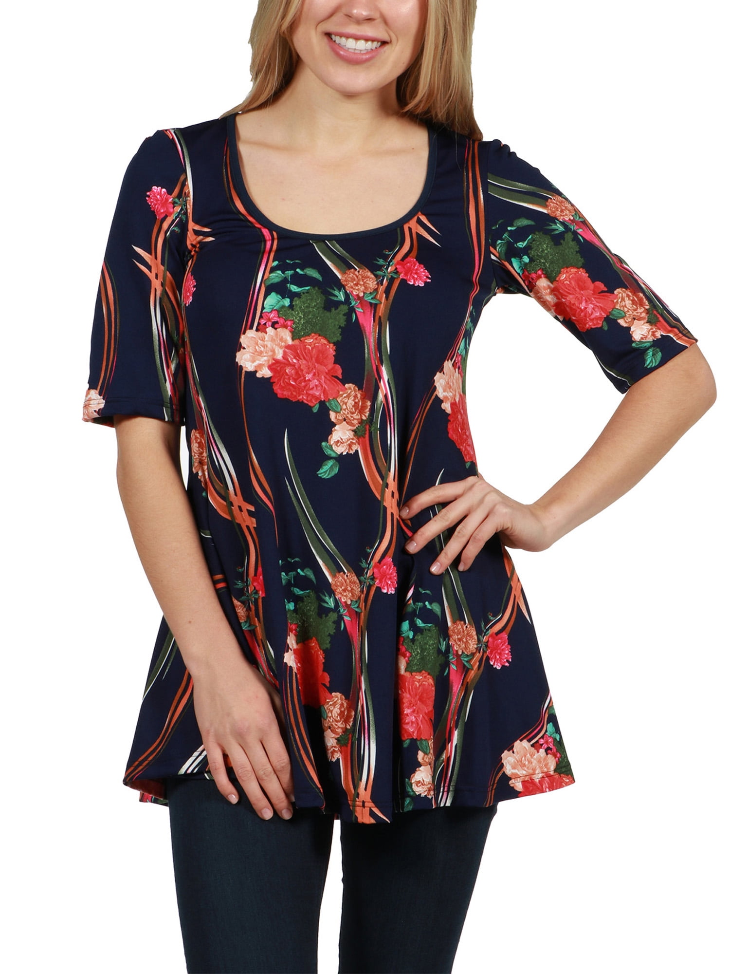 24Seven Comfort Apparel Addison Elbow Length Sleeve Tunic Top