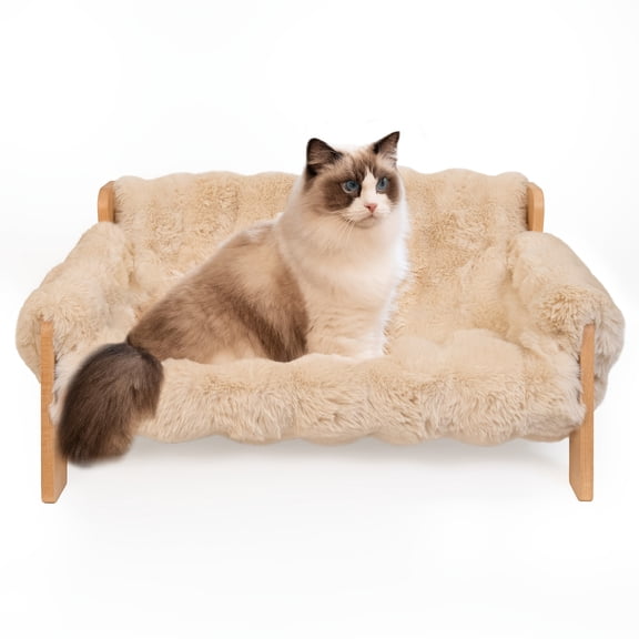 Raised Pet Couch Bed, Elevated Solid Wooden Pet Sofa Recliner Fluffy Pet Lounge Chair Suitable for Dog Cat Pet, Off-White(27.2"X18.6"X11.8), Dog Sofa Bed, Cat Couch Sofa, Pet Furniture