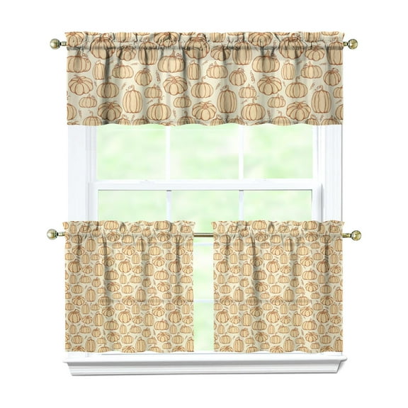 Fall Kitchen Curtains 24 Inch Short - 3 Panel Set, Autumn Harvest Print, Rod Pocket Window Treatment for Thanksgiving, Farmhouse, Cafe, Living Room - Machine Washable