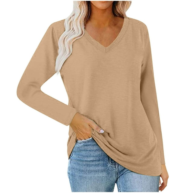 Besolor Womens Long Sleeve Shirts V Neck Plus Size Tunic Tops Casual Solid Color Basic Tee Fall Clothes S-5XL