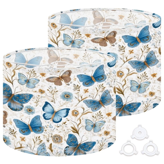 Lamp Shades Set of 2 Easy Assembly butterflies blue yellow brown colors vintage style Drum Lampshades for Table Lamps Floor Lamps Pendant Light 13"x13"x10" Replacement Lamp Shade