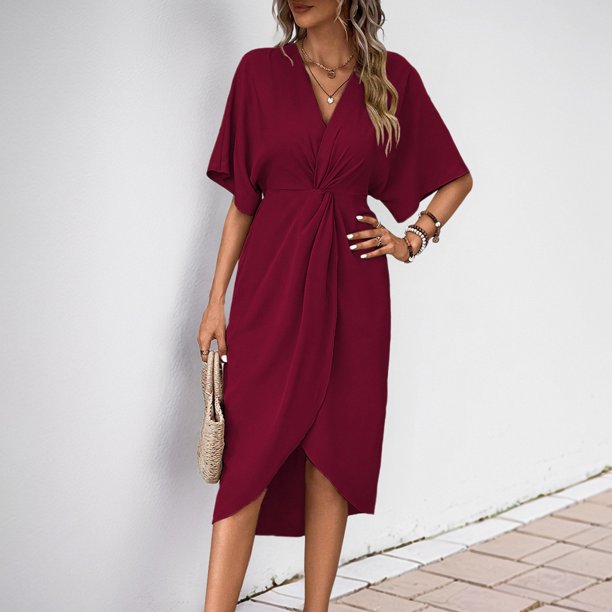 WILLBEST Vestido Casual De Mujer, Vestidos De Manga Corta Para Mujer, Moda, Cuello En V, Plisado, Ajustado, Fluido, Con Vuelo, Vestido Midi Irregular