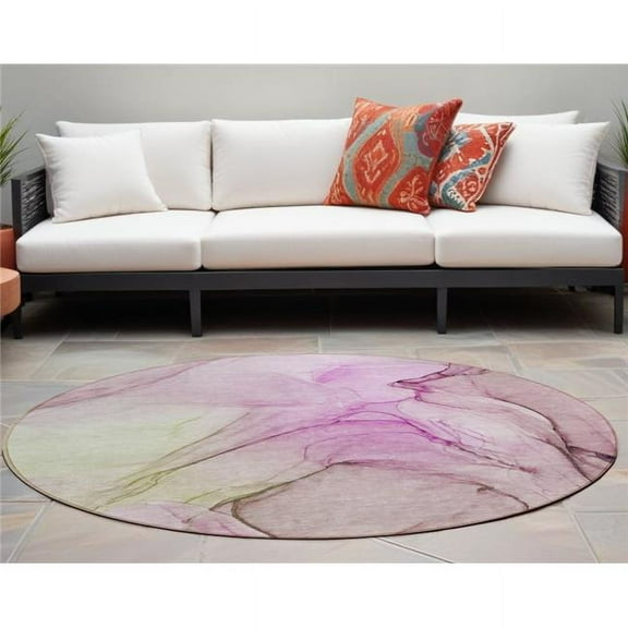 HomeRoots 559402 8 ft. Round Pink Round Abstract Washable Non Skid Indoor Outdoor Machine Woven Area Rug