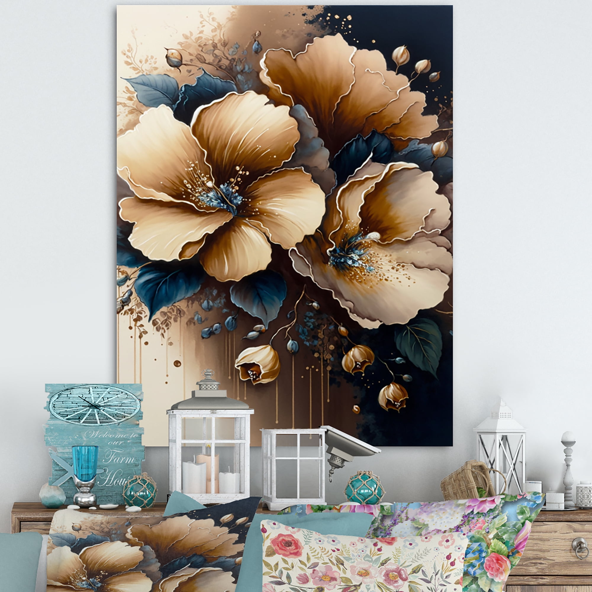 Designart Brown And Blue Hibiscus Bouquet II Canvas Wall Art