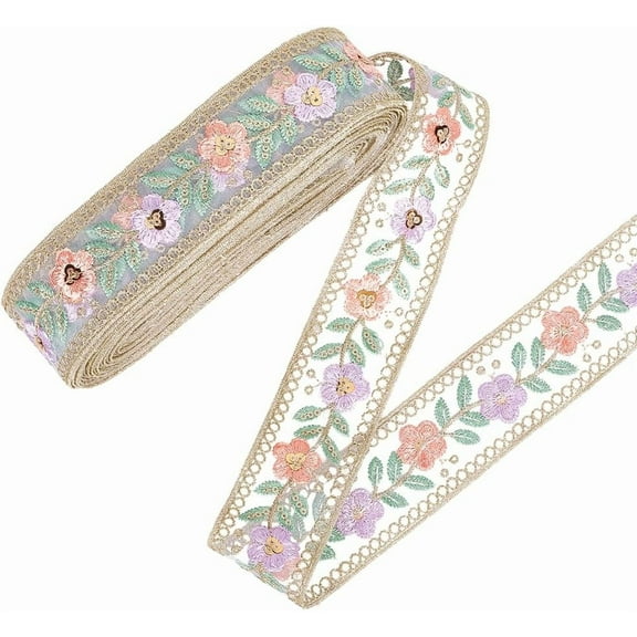 10 Yards Embroidered Jacquard Trim Tape Organza Floral Embroidery Ribbon Sequin Bead Boho Flower Woven Fabric Applique Ribbons Bulk for Sewing Craft Wedding Gift Wrapping Diy Clothes Curtain