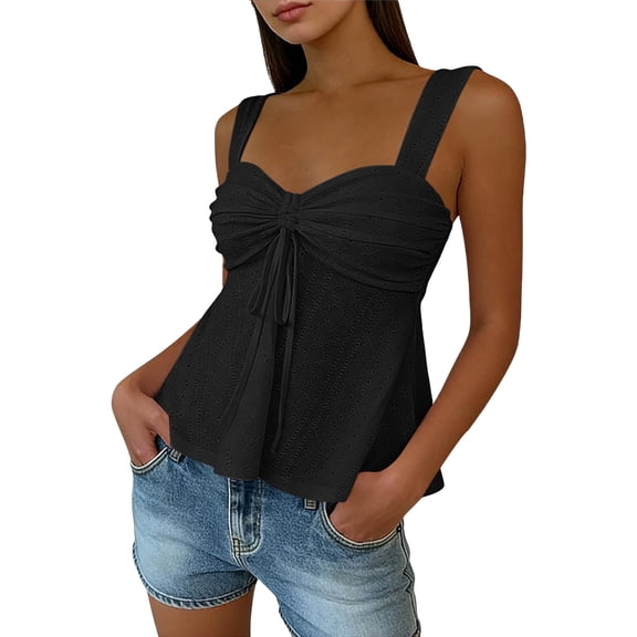 Vivianyo HD Women's Sweetheart Neck Eyelet Drawstring Cami Tank Top, Sleeveless Summer Casual Camisole, Women's Black, Sizes S-2XL