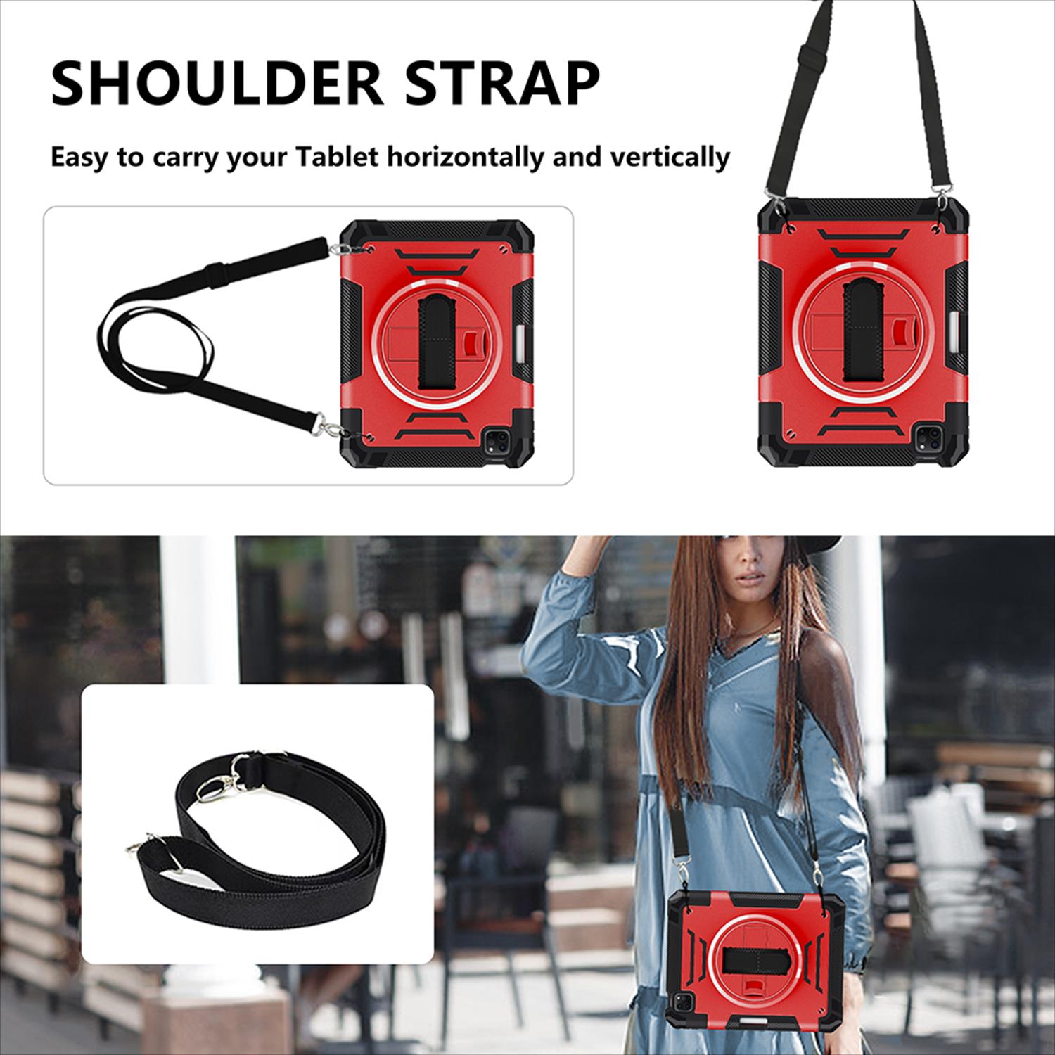 Shockproof Case for Apple iPad Pro 11 Inch 2024 M4, with Pencil Holder Military Grade Protection Rotating Stand Hand Strap Shoulder Strap Bumper Rugged Case for iPad Pro 11" 2024, Red