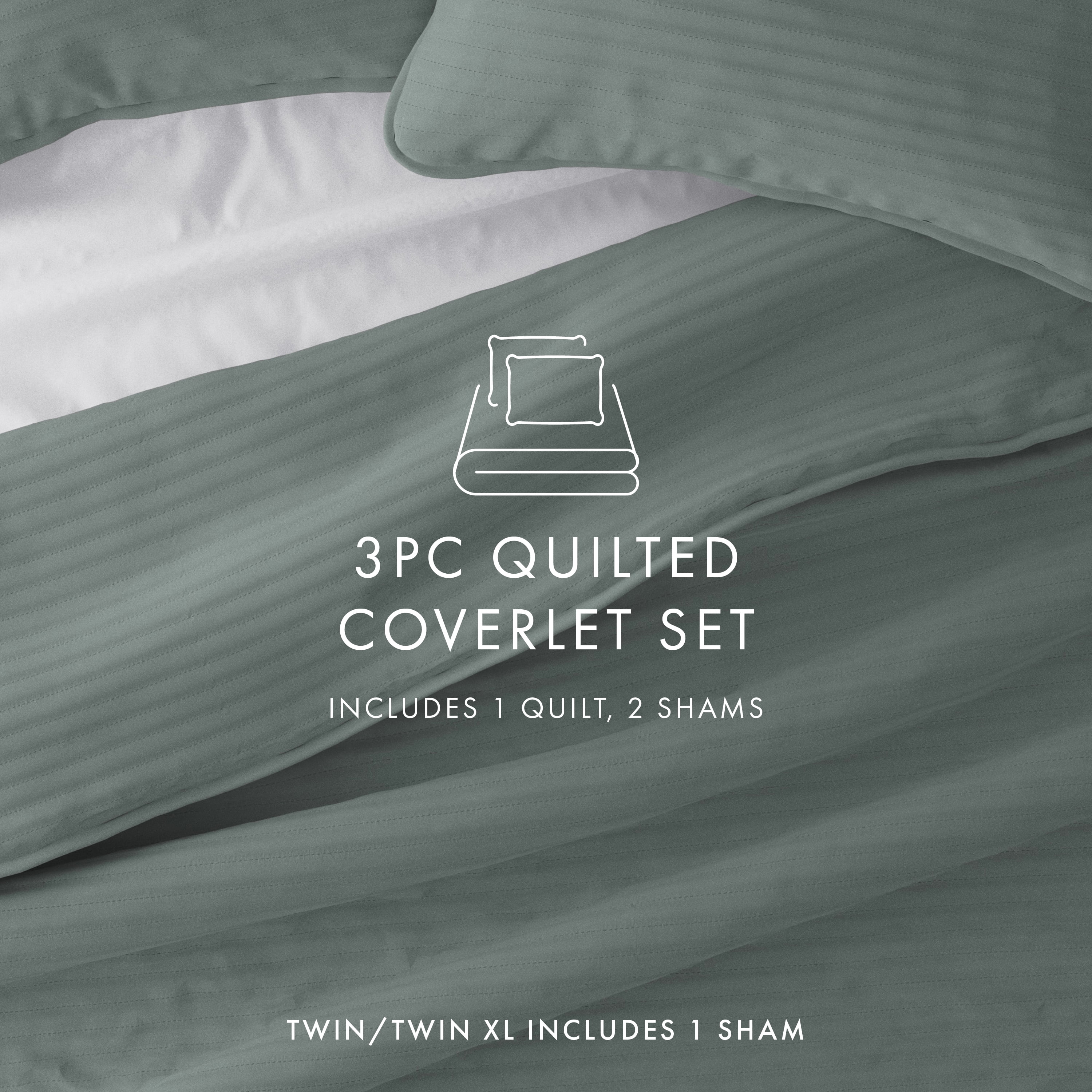 Noble Linens 3 Piece Eucalyptus Stripe Stitch Quilt Set, Queen / Full