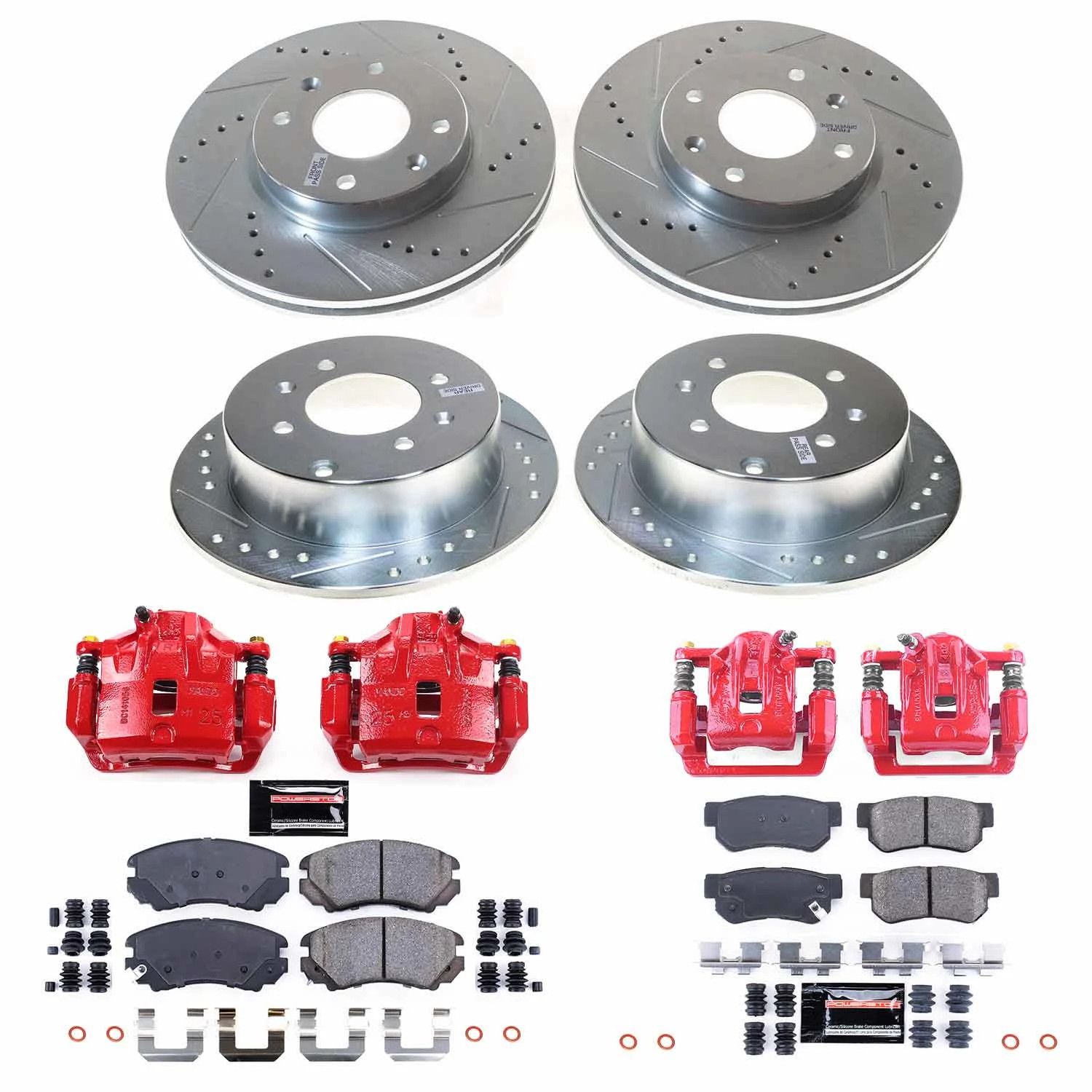 PowerStop Front and Rear Z23 Evolution Sport Brake Pad and Rotor Kit with Red Powder Coated Calipers Fits: HYUNDAI KIA Select Models KC4445A