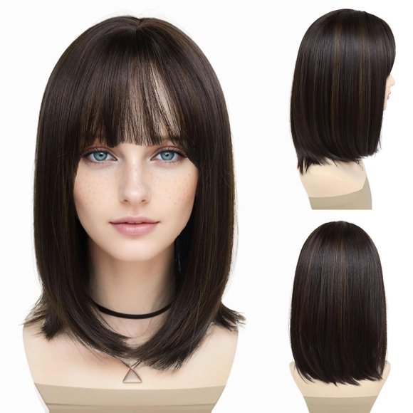 GNIMEGIL Pelucas cortas marrones para mujer, peluca sintética Bob con flequillo, peluca Velma de aspecto Natural para fiesta diaria con reflejos
