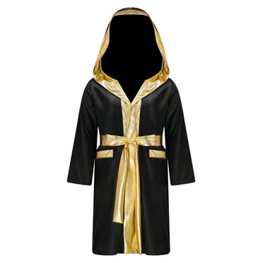 Rswnyirn Kids Boys Boxing Robe Hooded Satin Hoodie Halloween Cosplay Costume Black 14