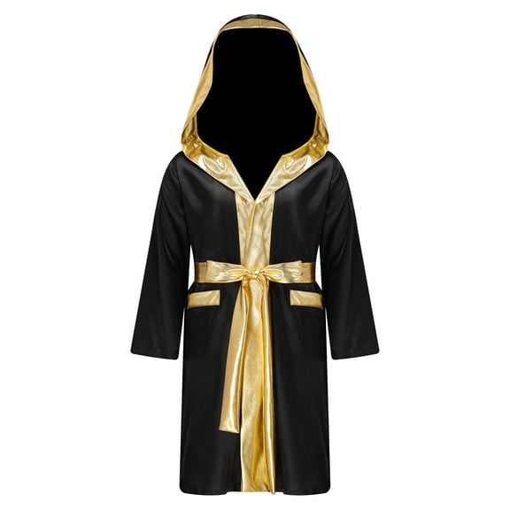 Rswnyirn Kids Boys Boxing Robe Hooded Satin Hoodie Halloween Cosplay Costume Black 14
