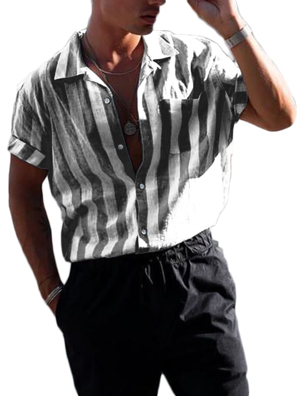 pipigo Mens Stylish Stripe Summer Lapel Button Down Short Sleeve Shirts