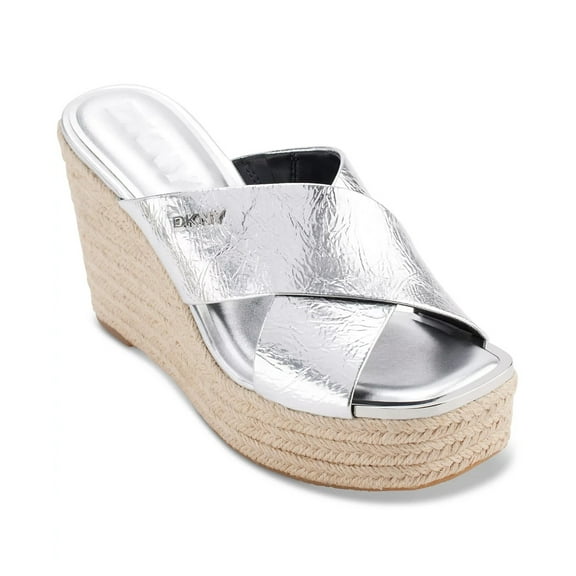 DKNY Women's Maryn Crossband Espadrille Platform Wedge Sandals Silver SIze
