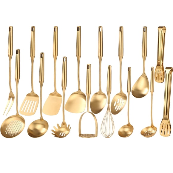 Juego de utensilios de cocina dorados Standcn de acero inoxidable 18/10, 16 piezas