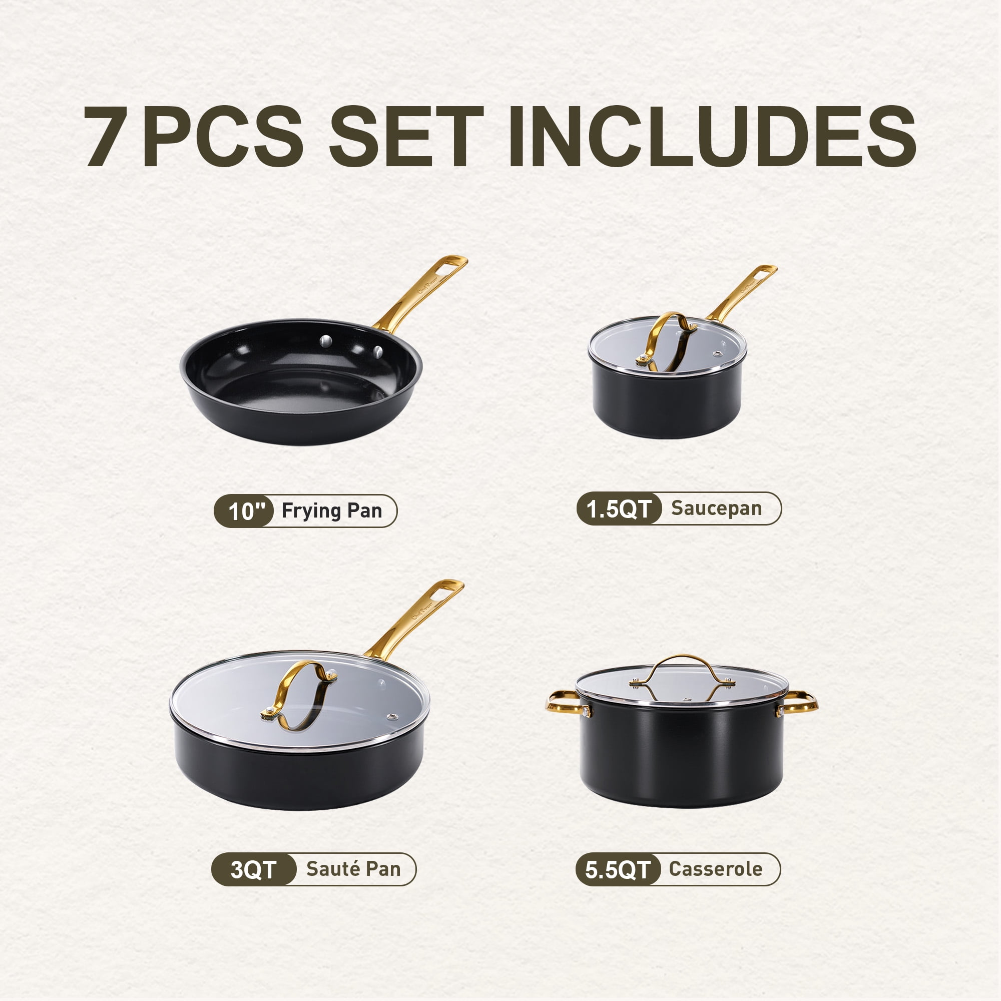Chef Power 7 Pcs Ceramic Cookware Sets, Non-Stick Pots and Pans Set with Stainless Steel Handles, Dishwasher and Oven Safe, Stone Black with Light Gold Handles