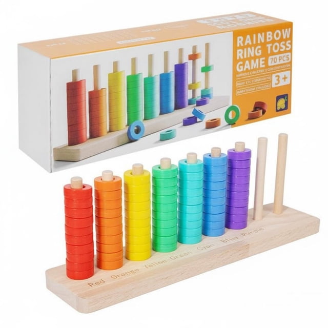 predolo 70 Piezas Juego de Anillos Apilables de Madera Coordinación Mano-Ojo Juguete de Aros Apilables de Madera Educativo y Divertido para Preescolares