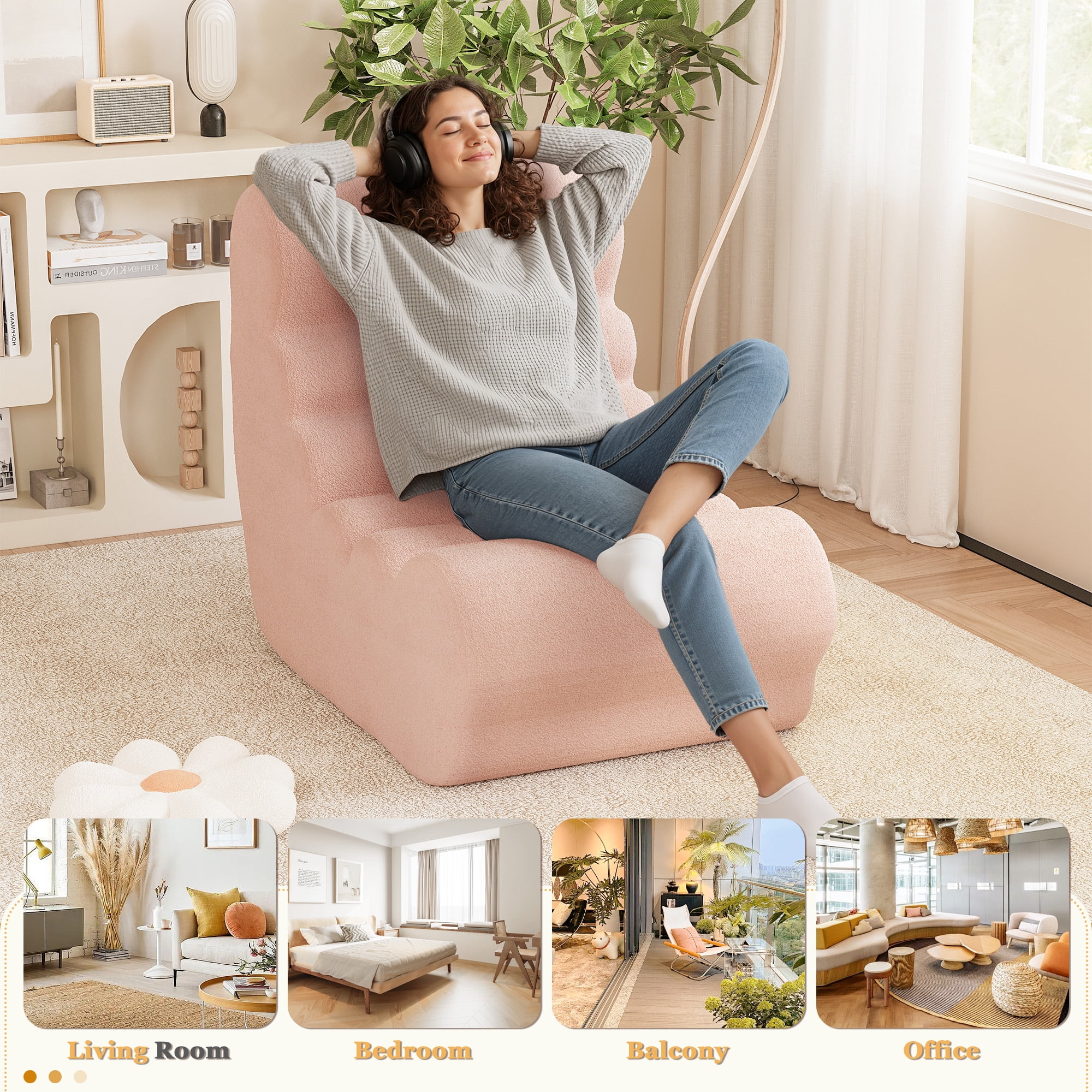 Homall Teddy Plush Bean Bag Chair for Adults – Soft Sponge-Filled Lounge Seat, Comfortable Floor Chair for Living Room and Bedroom, Pink