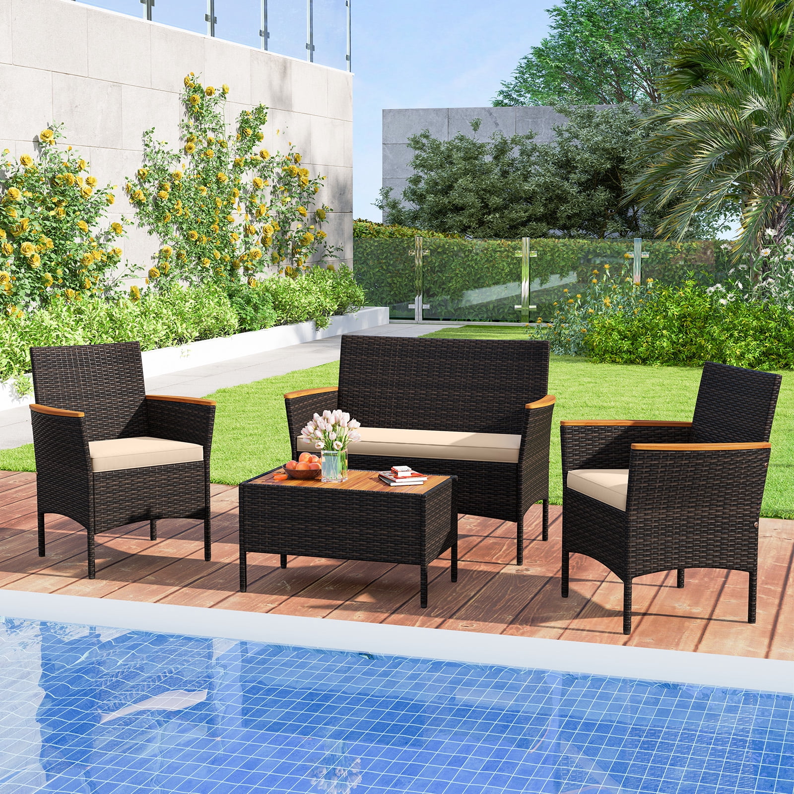 Gymax 8 Piece Outdoor Patio Rattan Furniture Set Rattan Conversation Set w/ Chairs & Loveseat