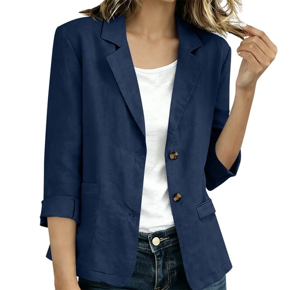 Yuanlook Women's Summer Casual Linen Cotton Blazer, Wrinkle Resistant Light Loose Roll Sleeve Woven Jacket S-XXL,Tops