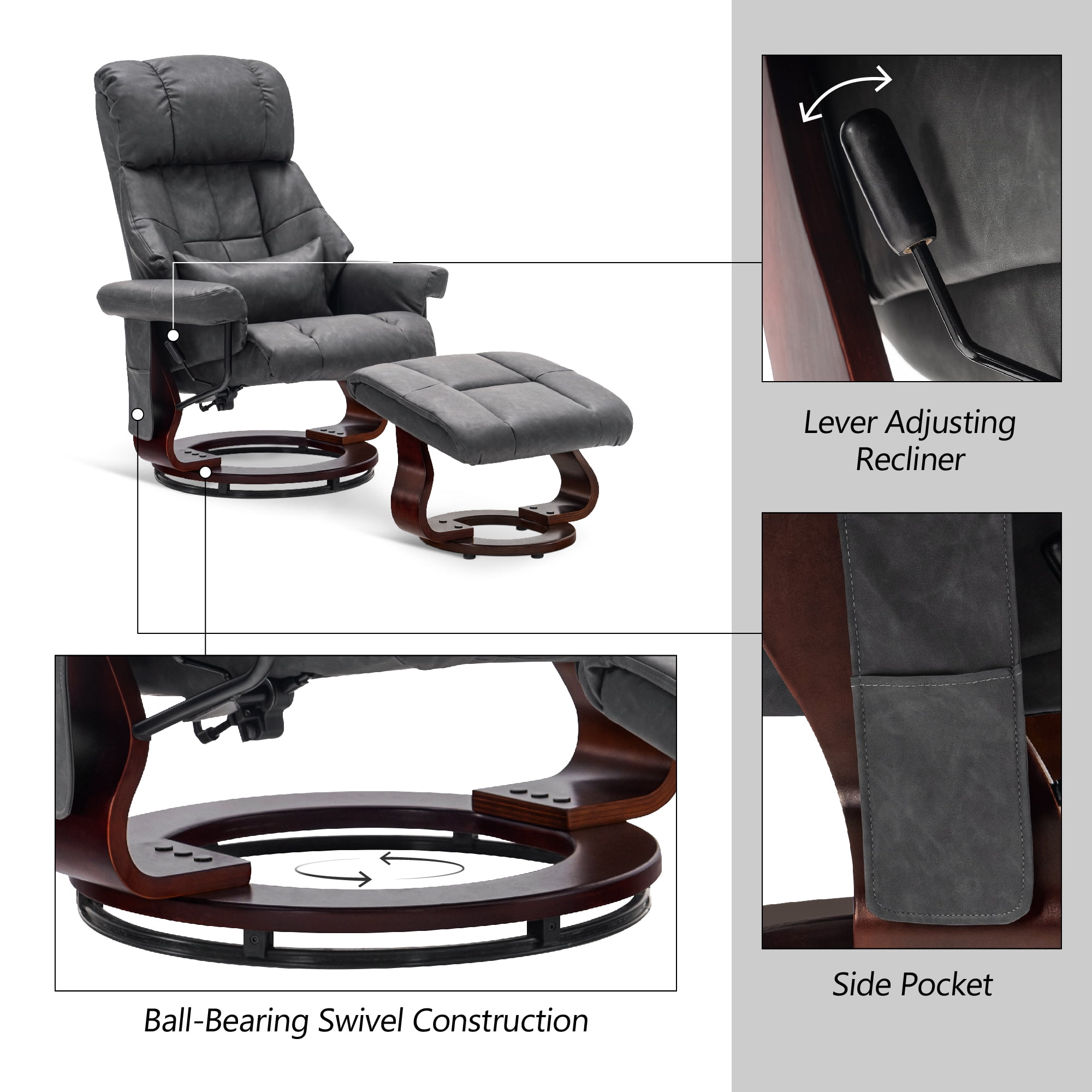 MCombo 360° Swivel Recliner with Ottoman, Lumbar Pillow, Vibration Massage Reclining Chair, Faux Leather(Dark Grey)