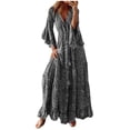 thumbnail image 2 of LOVZFMLL Mode Femmes Col en V Imprimé Manches 3/4 Patchwork Robe Longue Décontractée Gris 2TG, 2 of 6