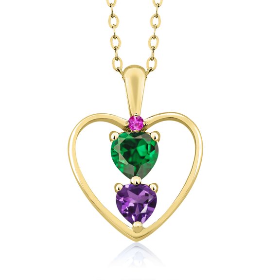 Gem Stone King 18K Yellow Gold Plated Silver Green Zirconia Purple Amethyst and Pink Sapphire Pendant Necklace for Women (1.26 Cttw, Gemstone Birthstone, Heart 5MM and 4MM, with 18 inch Silver Chain)